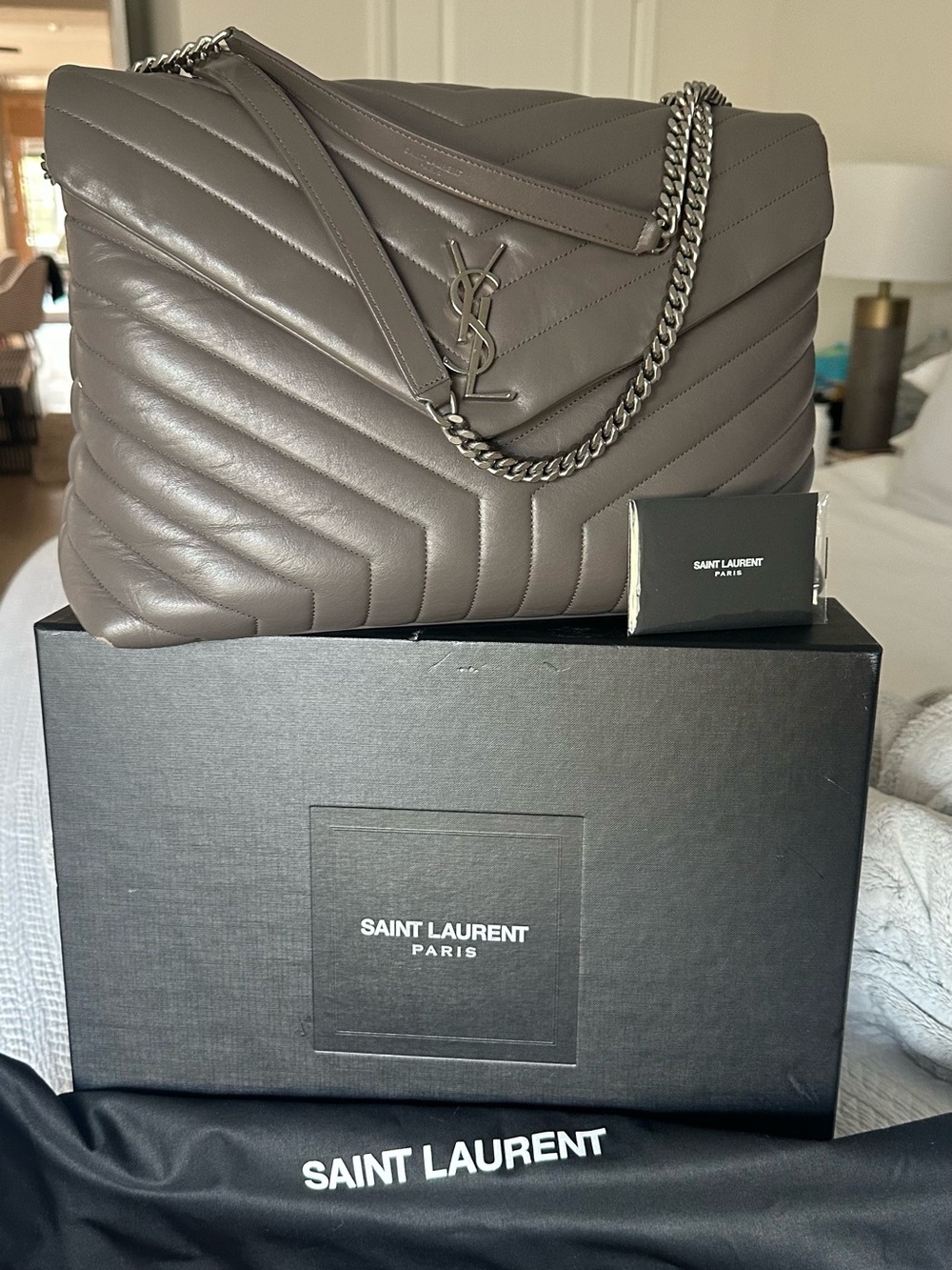 Saint Laurent Quilted Chevron  Leather LouLou Bag - Taupe Gray Large
